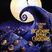 The Nightmare Before Christmas poster, a pitch black night with a huge white moon in the background and a person standing on the tip of a hill that is shaped like the top of a witches hat, with it curling out underneath them. There are other, smaller hills, with orange pumpkins that are carved like halloween pumpkins. Being used to showcase the nightmare before Christmas that British male voice over artist Neil Williams was having.