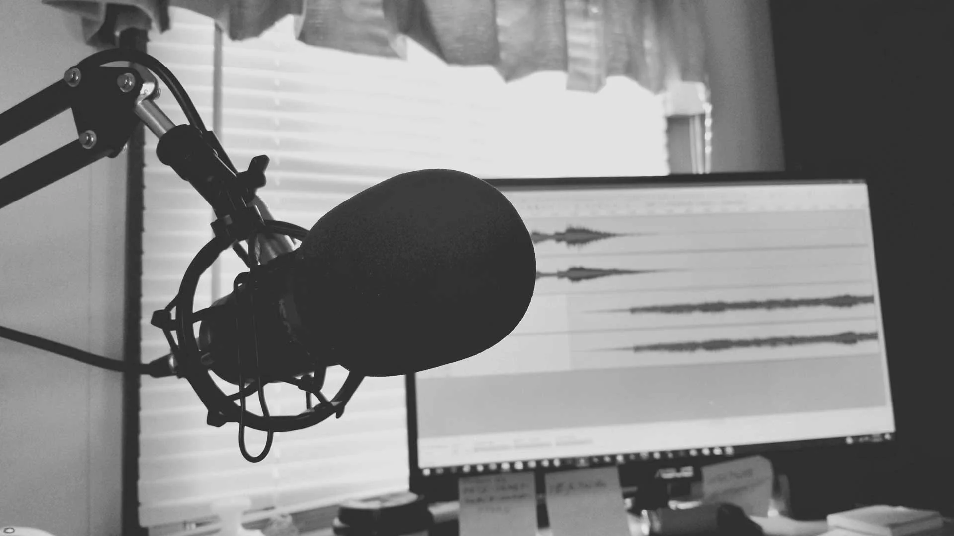 Black and white photo of a microphone in a studio with audio waveform on a computer screen.