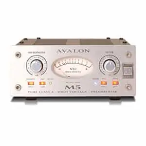 Avalon M5 preamp with VU meter, gain knob, and buttons on white background.