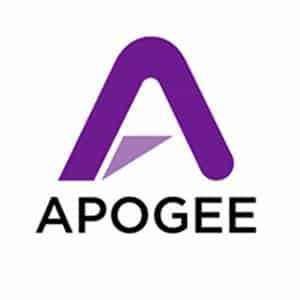 The Apogee logo represents audio quality for a voice over online Its a purple A with the word apogee written under