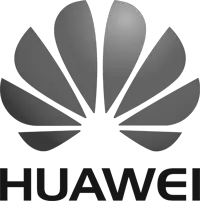 Logo of Huawei with a flower-like symbol in grayscale.