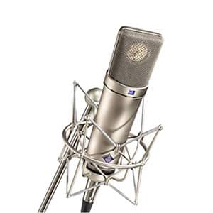 Neumann U87AI microphone to record a voiceover on with shock mount on white background.