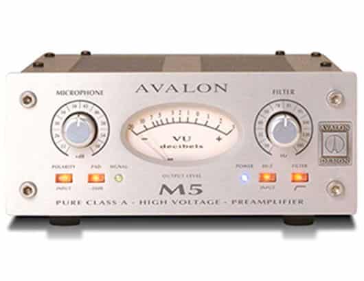 image of an avalon pre amp that a voice over online might use. its a silver box with twoo silver knobs either side of a dial.
