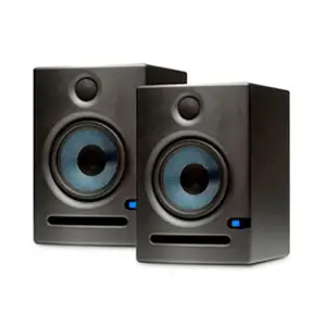 A pair of black desktop speakers with blue power indicators.