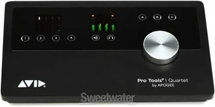 the Apogee Quartet, which is a black box with a silver dial on the right and a graphics display indicating the level of that the voice talent online is recording at. This is a piece of equipment that Neil Williams uses to record voiceovers with from his home studio