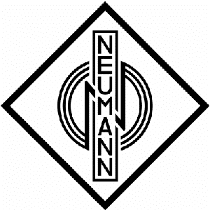 The Neumann logo is a triangle with the word neumann vertically down the middle the make microphones found in a few voiceover home studios