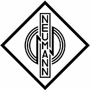 The Neumann logo is a triangle with the word neumann vertically down the middle. They make microphones found in professional voiceover home studios