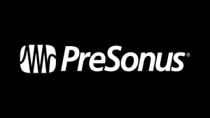 Presonus logo has a black background with Presonus in white writing they make monitor speakers found in a voice over home studio