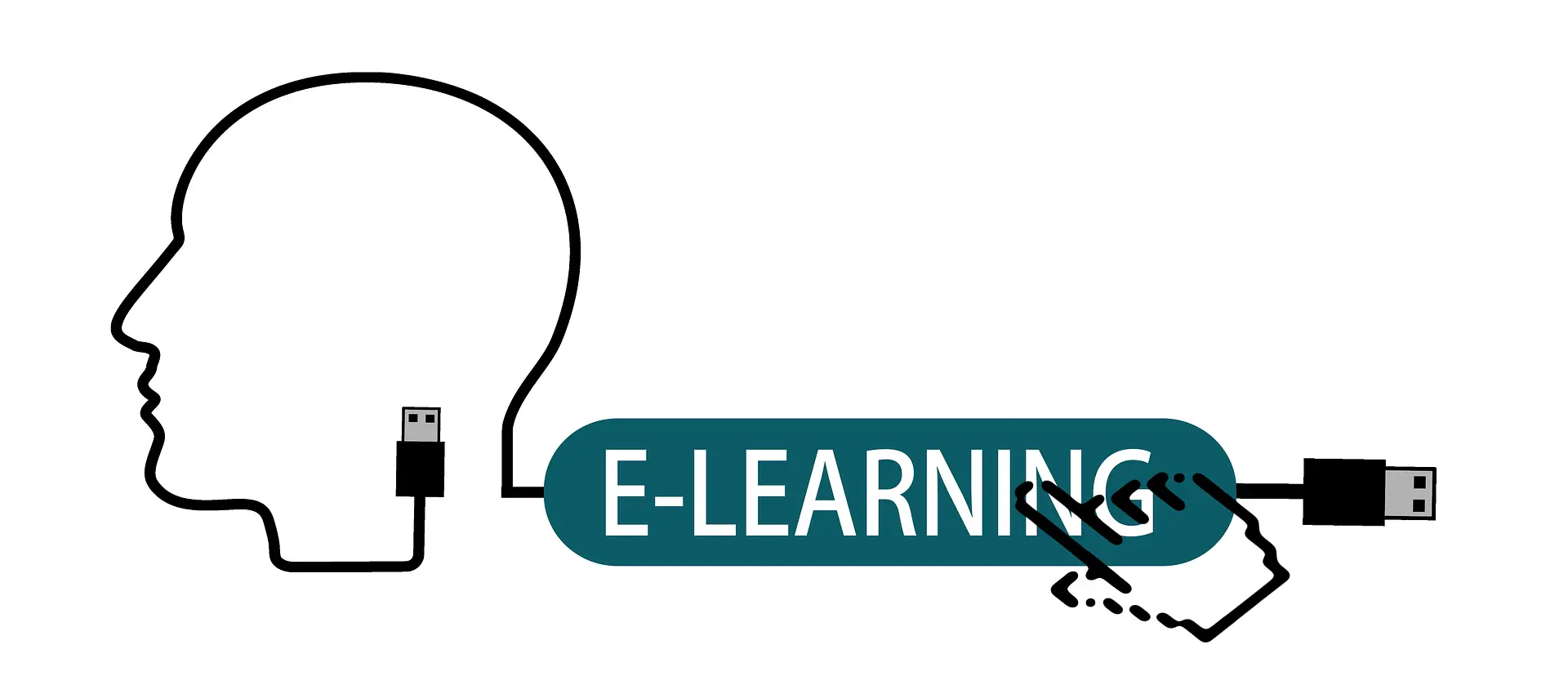 a usb cable is shaped into a head with the word e-learning being clicked on which demonstrates the e-learning voiceovers services of UK talent, Neil Williams.