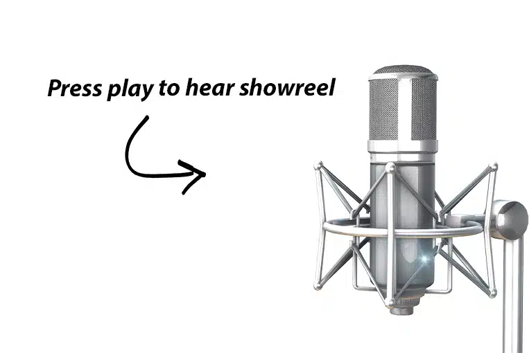 a silver microphone as used by british male voice over artist Neil Williams. There is a white background with the words 'press play to hear showreel' and below that an arrow pointing to the play button