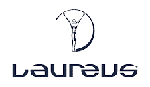 The Laureus logo is the word Laureus is blue capital letters with the statue of a man above it, he is standing with his arms in the air, feet together. He is holding what looks like an upside down C, with the gap stopping at his feet and the other just past his left hand.