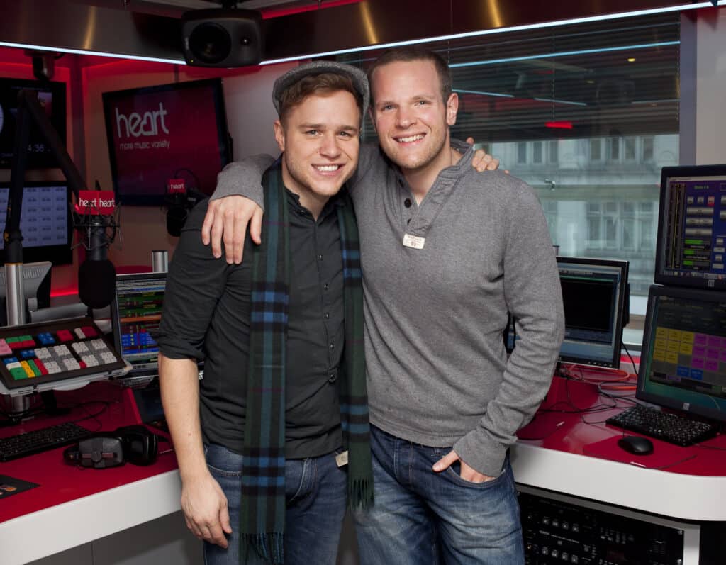 Professional Voice Over, Neil Williams, in the Heart FM studio with Olly Murs before an interview for his show.