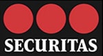 Securitas logo is three large red dots with the word 'Securitas' written below in white, all of which is on a black background. Being used to demonstrate the companies who hire voice over services from Neil Williams