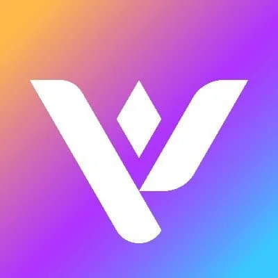 The logo of voice over agency VOQuent in London. It is a graded background, starting in the top left with yellow and moving diagonally down to the bottom right going through purple and ending in blue. There is a V in the middle in white.