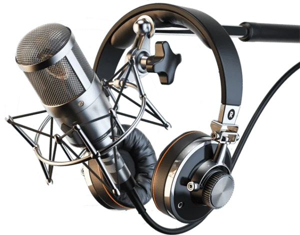 A pair of headphones and microphone as used by British Male Voice Over Artist Neil Williams. The microphone is on an arm, in a cradle with the headphones straddling the microphone arm.