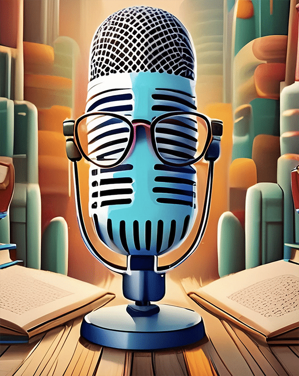 A cartoon image of a voice over microphone wearing glasses and surrounded by books, as if trying to learn something. Being used to show tips for hiring a voice over artist for e-learning and narrator voice over artist