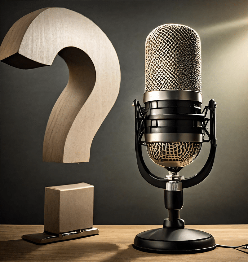 an image of a microphone, similar to one used by british male voice over artist, Neil Williams. The microphone is in a carry cradle and positioned on a work surface. To the left of the microphone is a big question mark that signifies the professional voice over FAQs section.