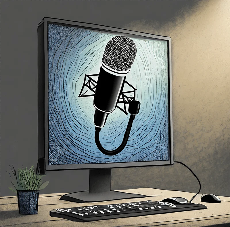 image of computer monitor on a desk with a keyboard in front of it, a mouse to the right and a plant to the left. On the screen of the computer is a microphone, the type used when you hire a voice over artist online or a voice talent online