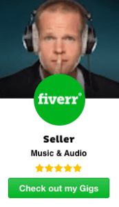 image of what you see when hiring a fiverr voice over artist like neil williams. This is a rectangle image with neil in the top half, headphones on and finger on his lip. There is the green Fiverr logo, below which it says Seller music and audio' and a green bar at the bottom saying check out my gigs.