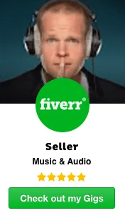 what you see when hiring a fiverr voice over artist like neil williams. This is a rectangle image with neil in the top half, headphones on and finger on his lip. There is the green Fiverr logo, below which it says Seller music and audio' and a green bar at the bottom saying check out my gigs.