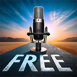 Free voice over demo examples by neil williams, male voice over artist. The image is of a microphone on a road with the sun in the background and the word Free written in front of it.