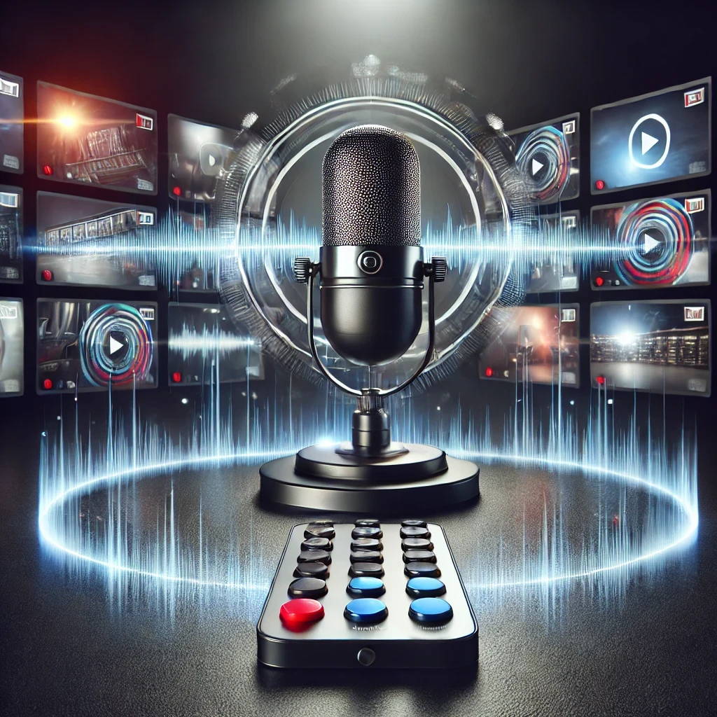 image of a microphone surrounded by video screens with a remote control in the front to represent the voiceover for videos service offered